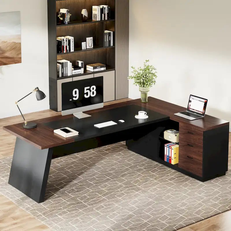 78.7-inch L Shaped Executive Desk with Drawers and Lateral File Cabinet